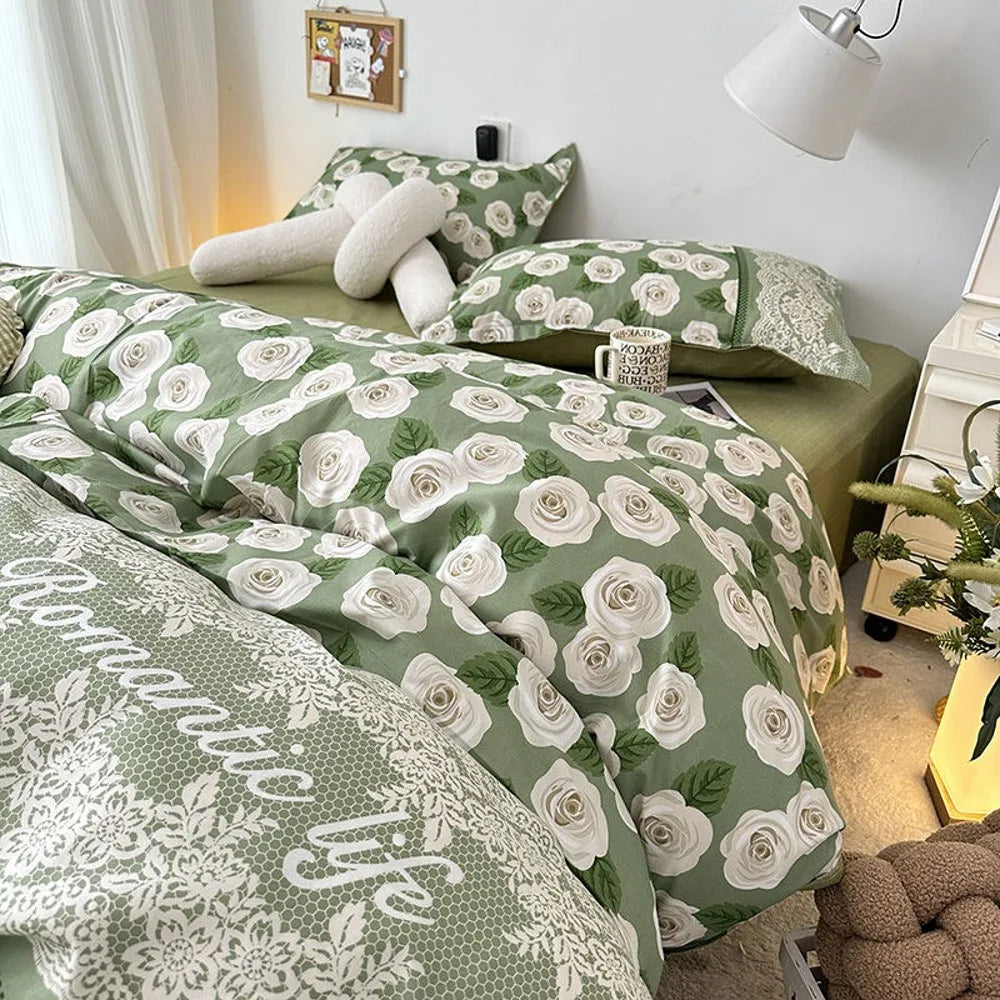 New Floral Bedding Set Fashion Ins Duvet Cover Flat Sheet Pillowcases No Filler Full Queen Size Hotel Home Soft Bed Linens