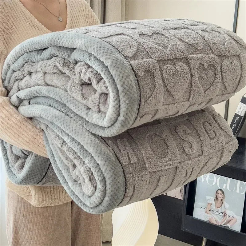 Knitted Heart Pattern Warm Throw Blankets Winter Soft Comfortable Double Sided Plush Thick Coral Velvet Blanket for Bed Safa
