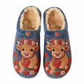 Navy Floral Crown Cow Heart Embroidery Plush Printed Slippers
