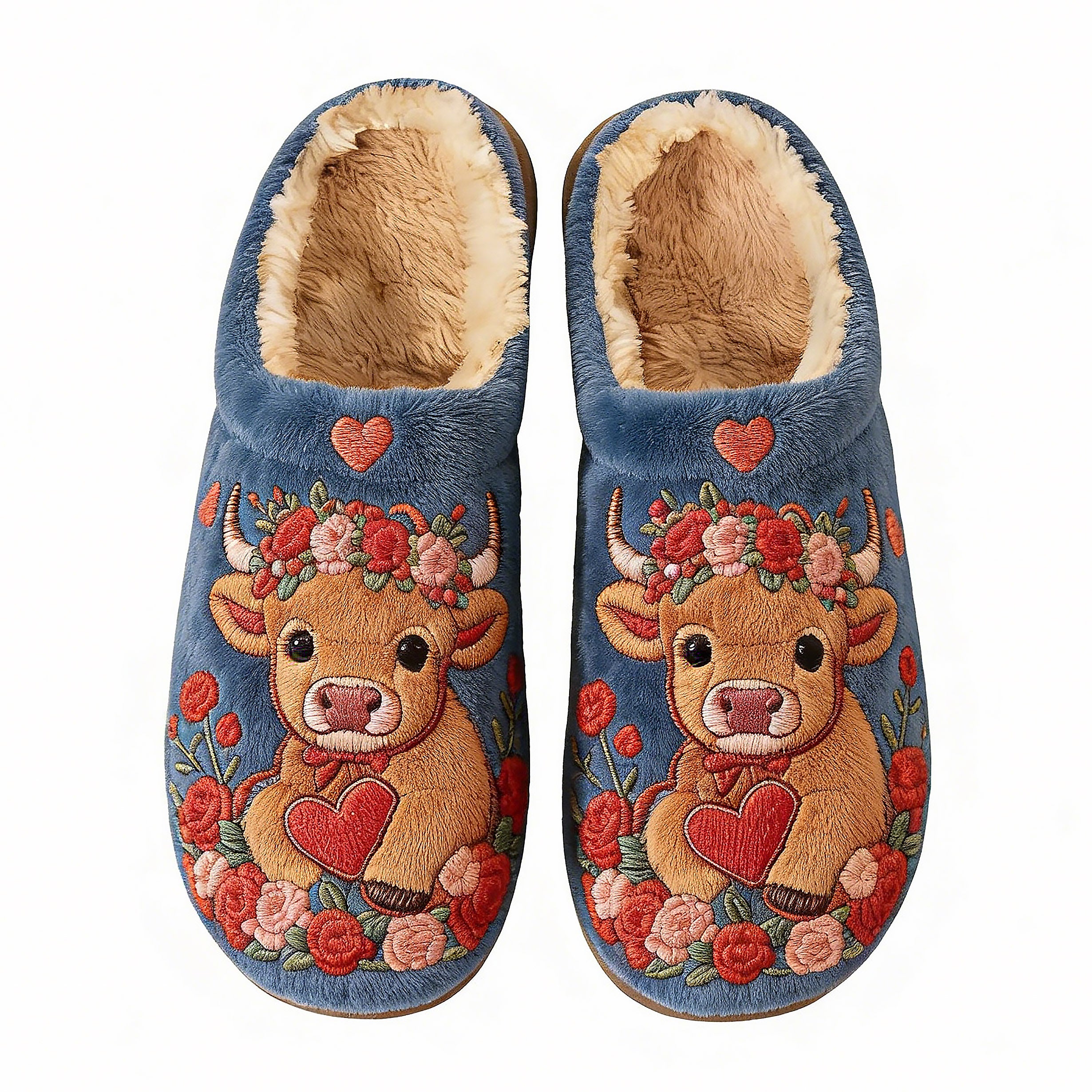 Navy Floral Crown Cow Heart Embroidery Plush Printed Slippers