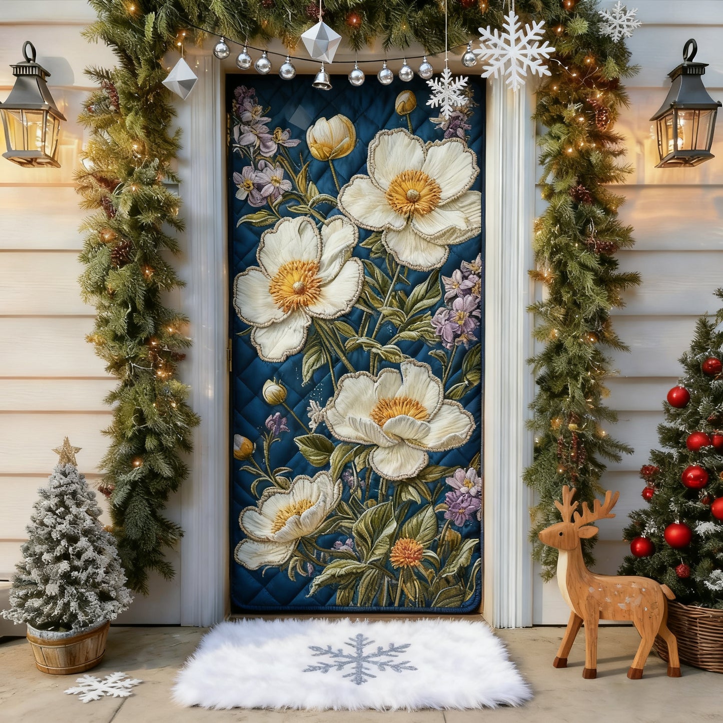 Blue Tone White Peony Flowers Quilted Door Cover