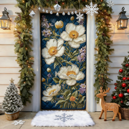 Blue Tone White Peony Flowers Quilted Door Cover