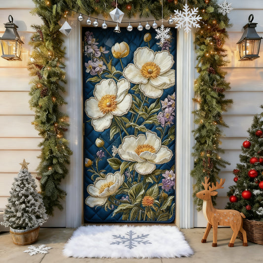 Blue Tone White Peony Flowers Quilted Door Cover