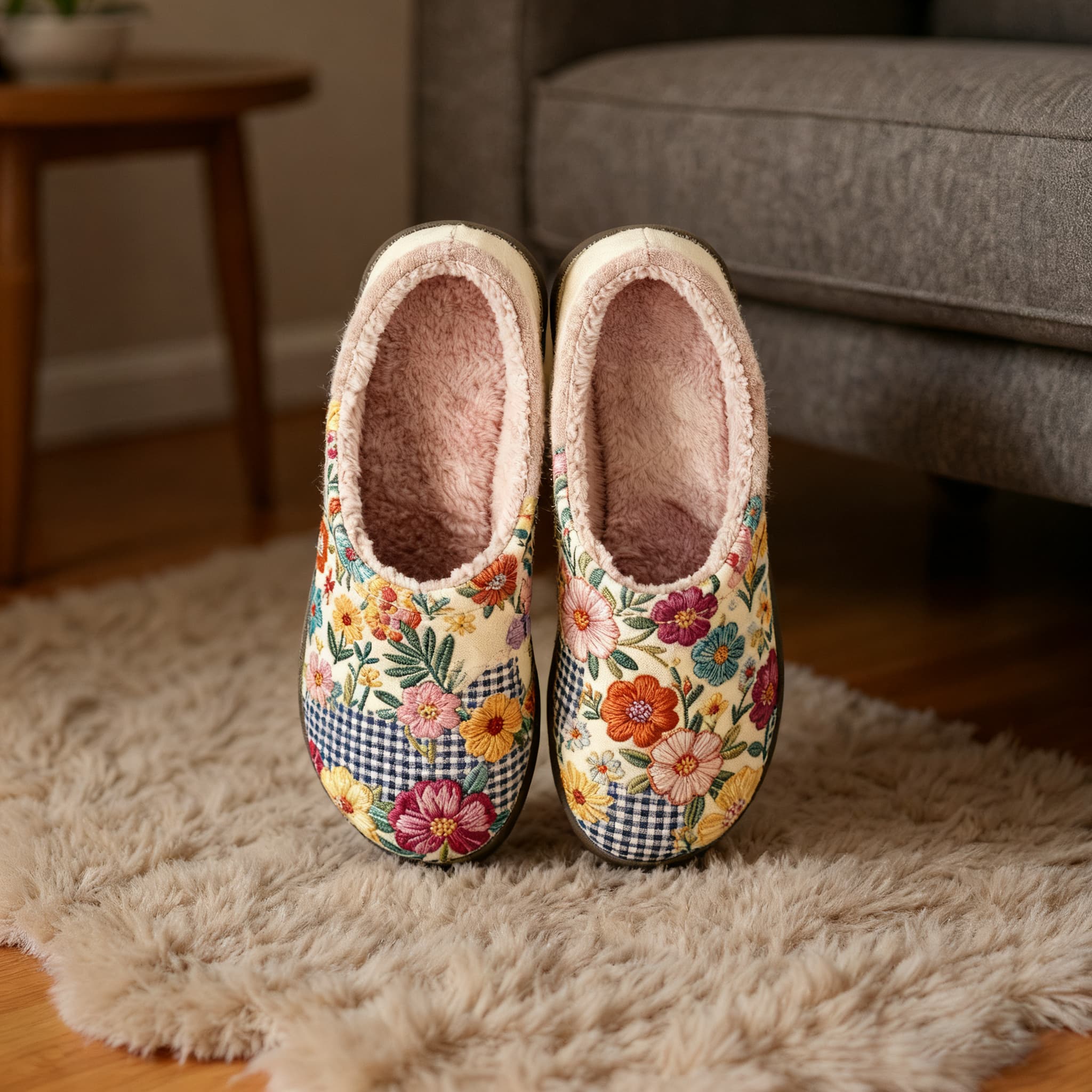 Patchwork Hollyhock Embroidery Plush Printed Slippers