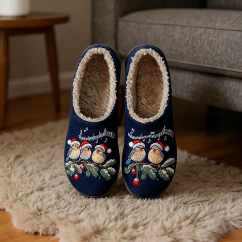 Christmas Caroler Embroidery Blue Plush Printed Slippers