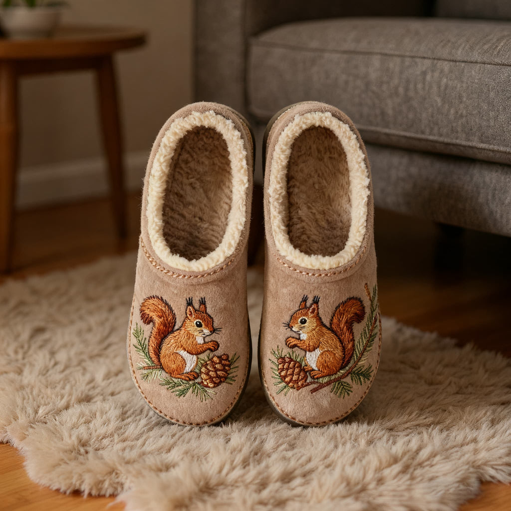 Squirrel and Pinecone Embroidery Plush Printed Slippers
