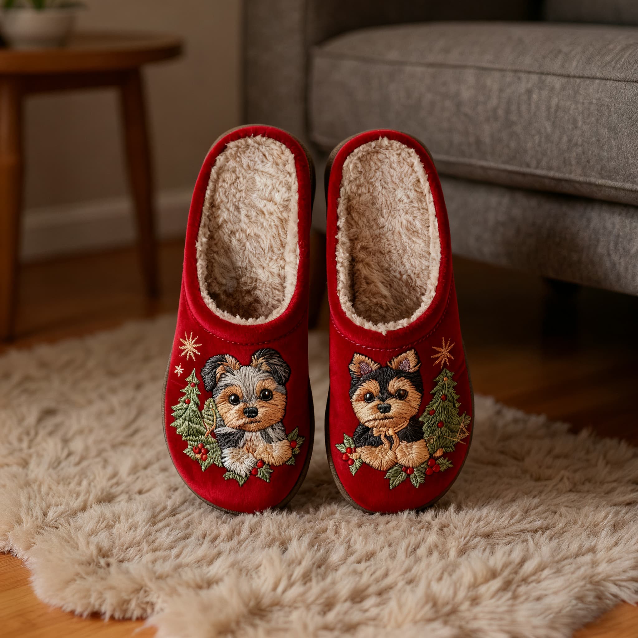 Christmas Yorkshire Terrier Embroidery Plush Printed Slippers