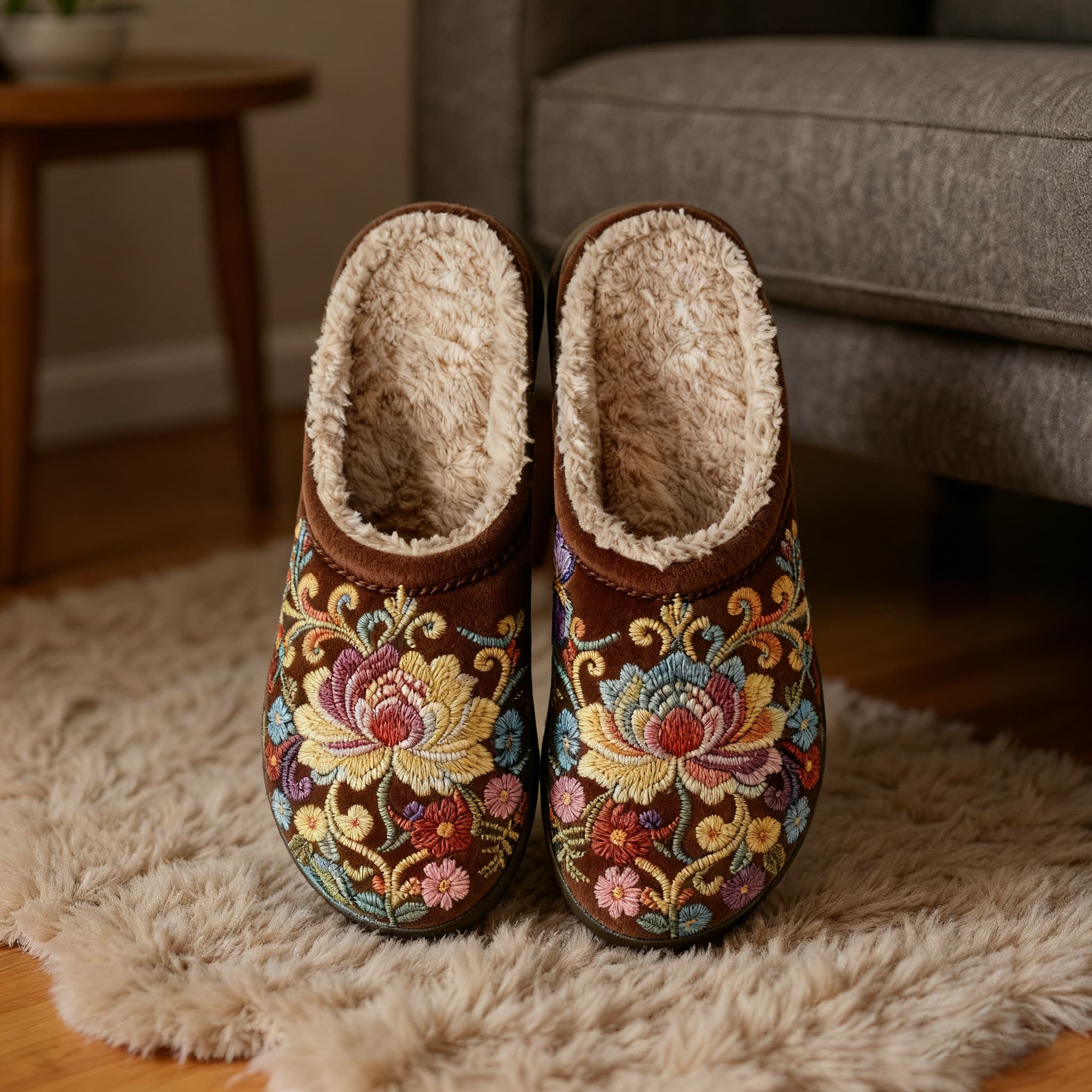 Lotus Totem Embroidery Brown Plush Printed Slippers