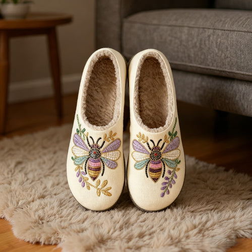 Colorful Bee Embroidery Plush Printed Slippers