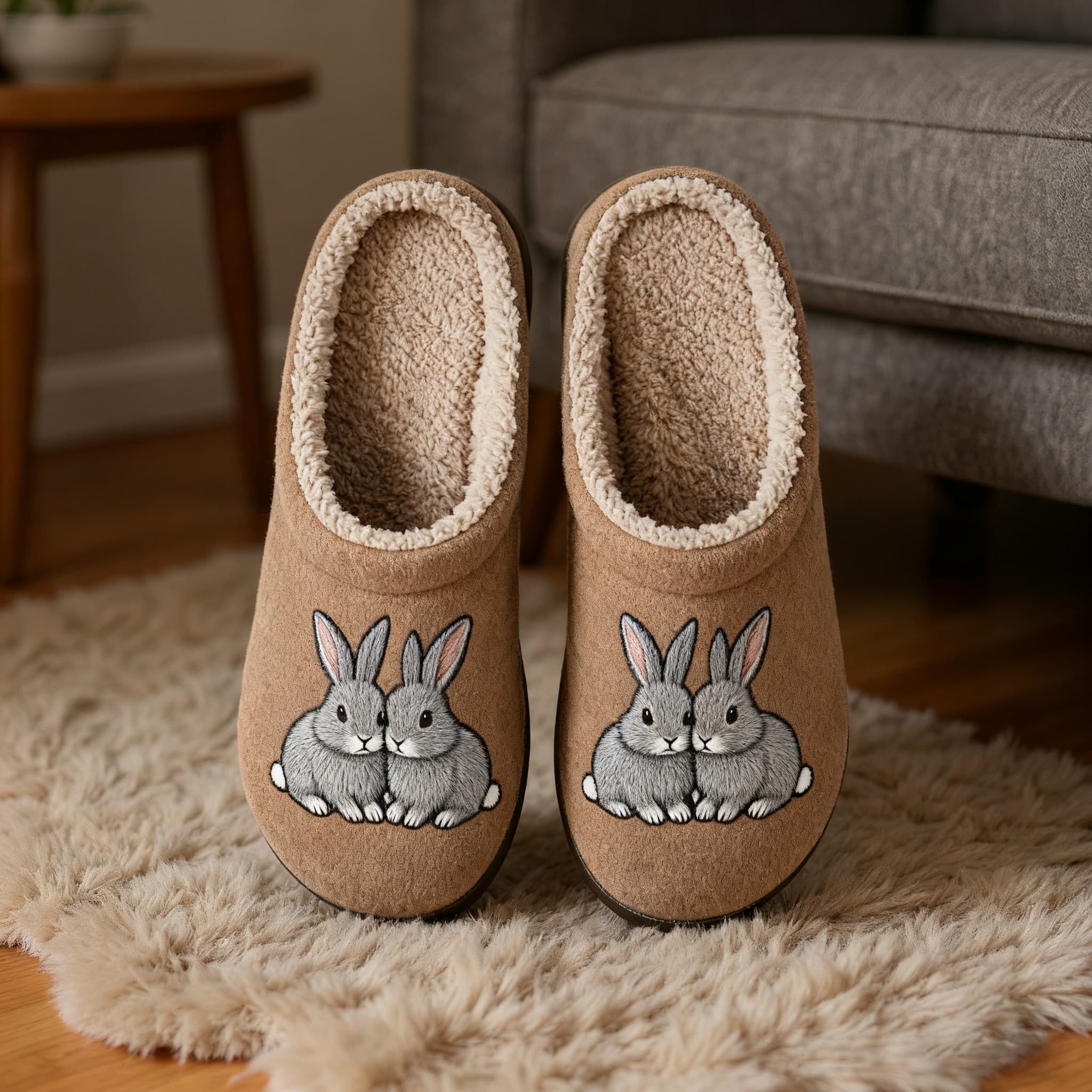 Rabbit Embroidery Plush Printed Slippers