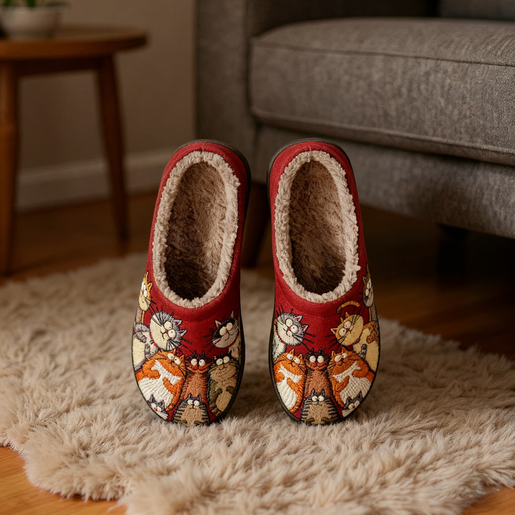 Curious Cats Embroidery Plush Printed Slippers