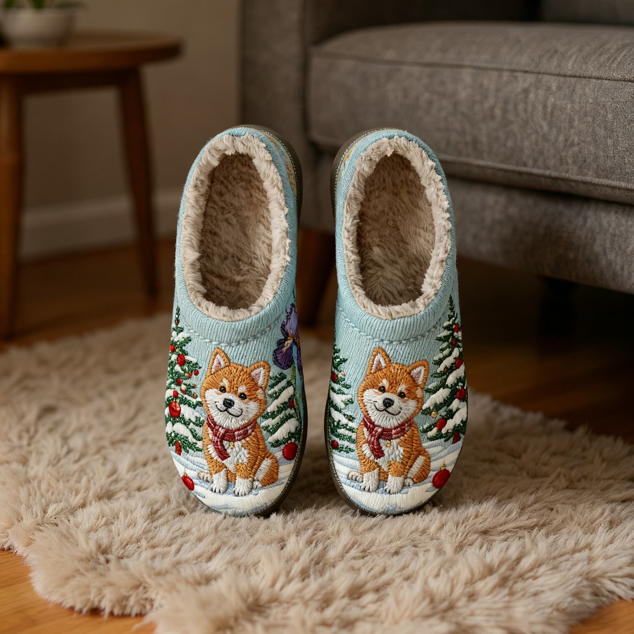 Snowy Shiba Inu Embroidery Plush Printed Slippers