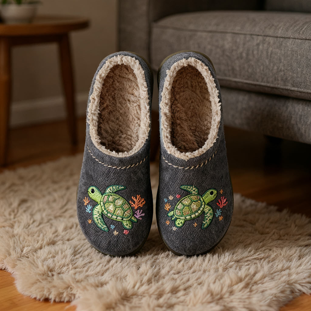 Turtle Embroidery Plush Printed Slippers