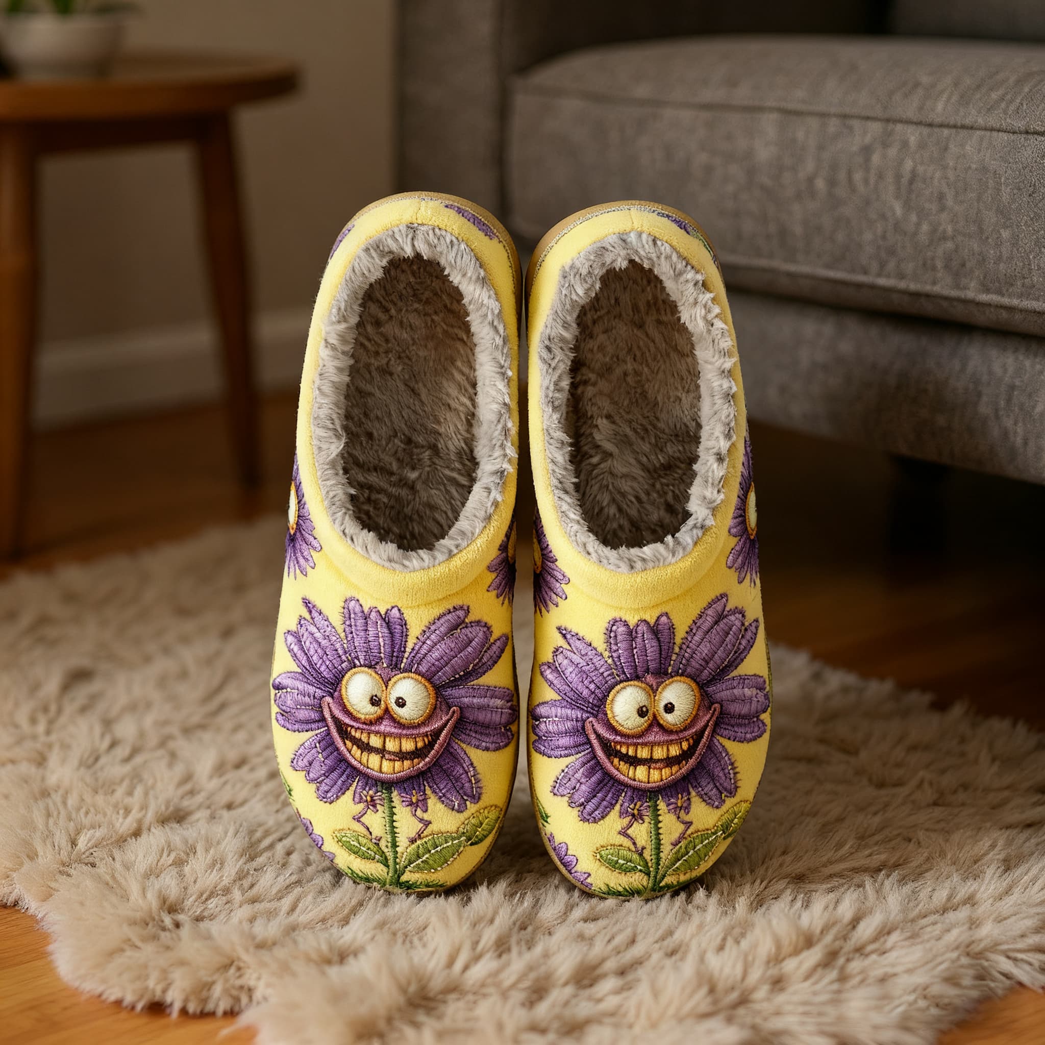 Excited Purple Sunflower Embroidery Plush Printed Slippers