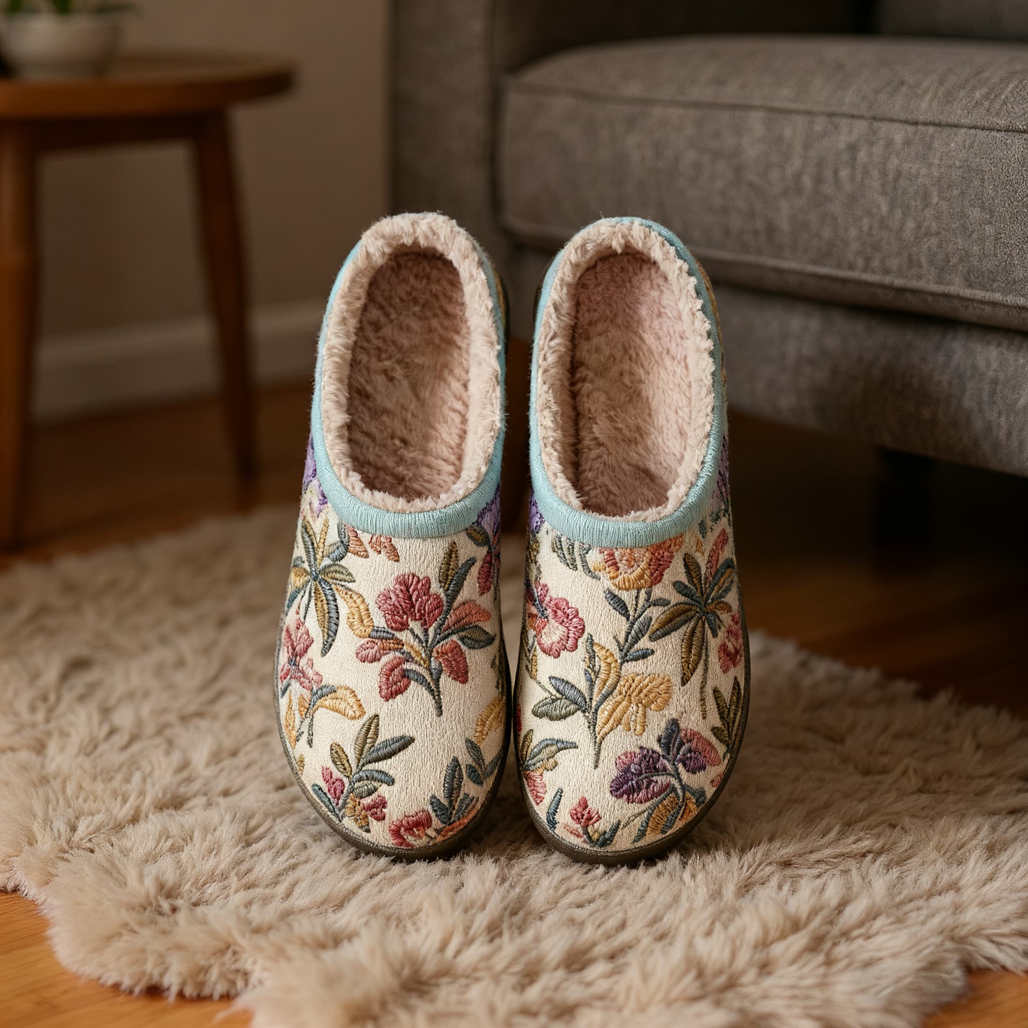 Pink Bouquet Embroidery Plush Printed Slippers