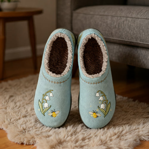 Bell Orchid and Firefly Embroidery Plush Printed Slippers