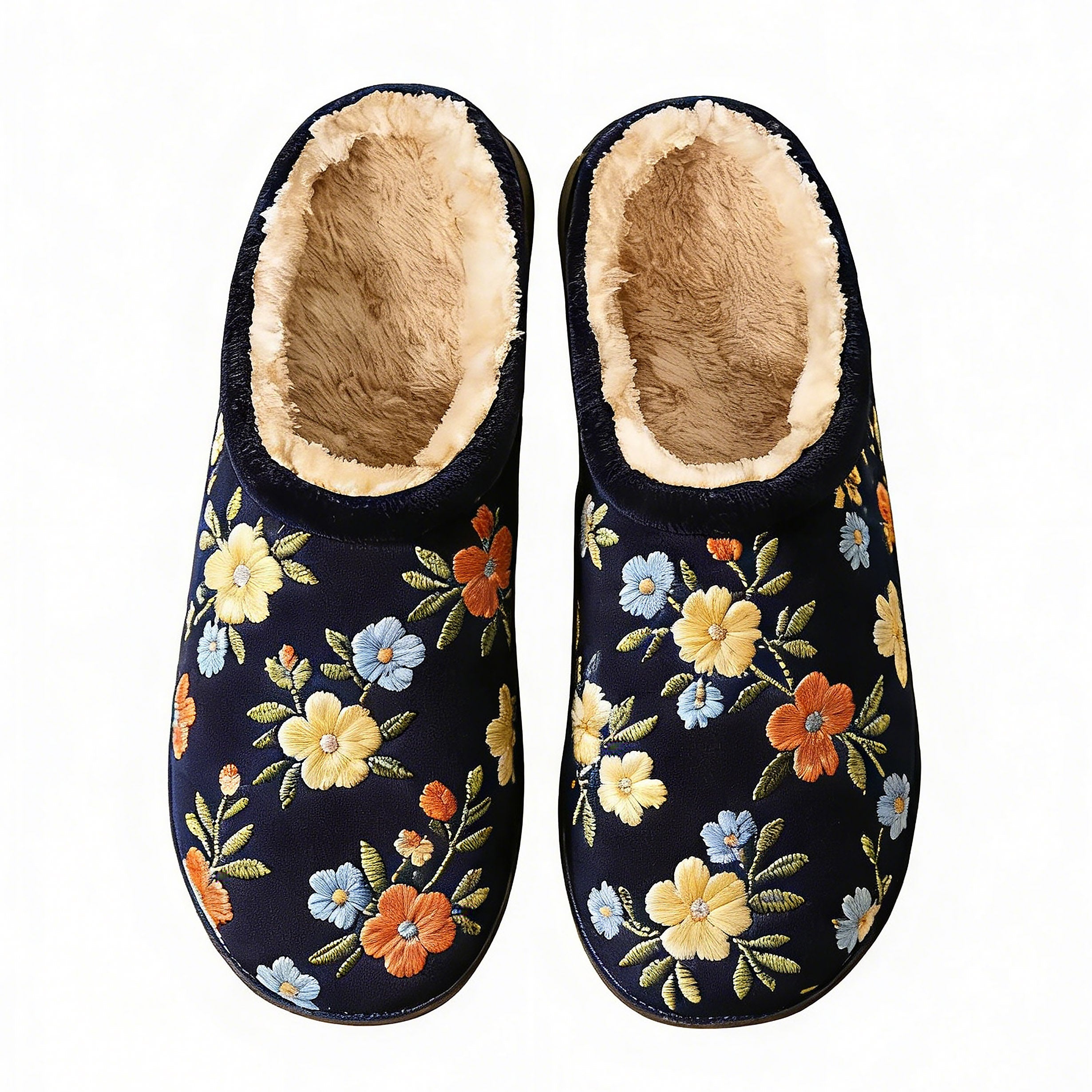 Cozy Navy Floral Embroidery Plush Printed Slippers