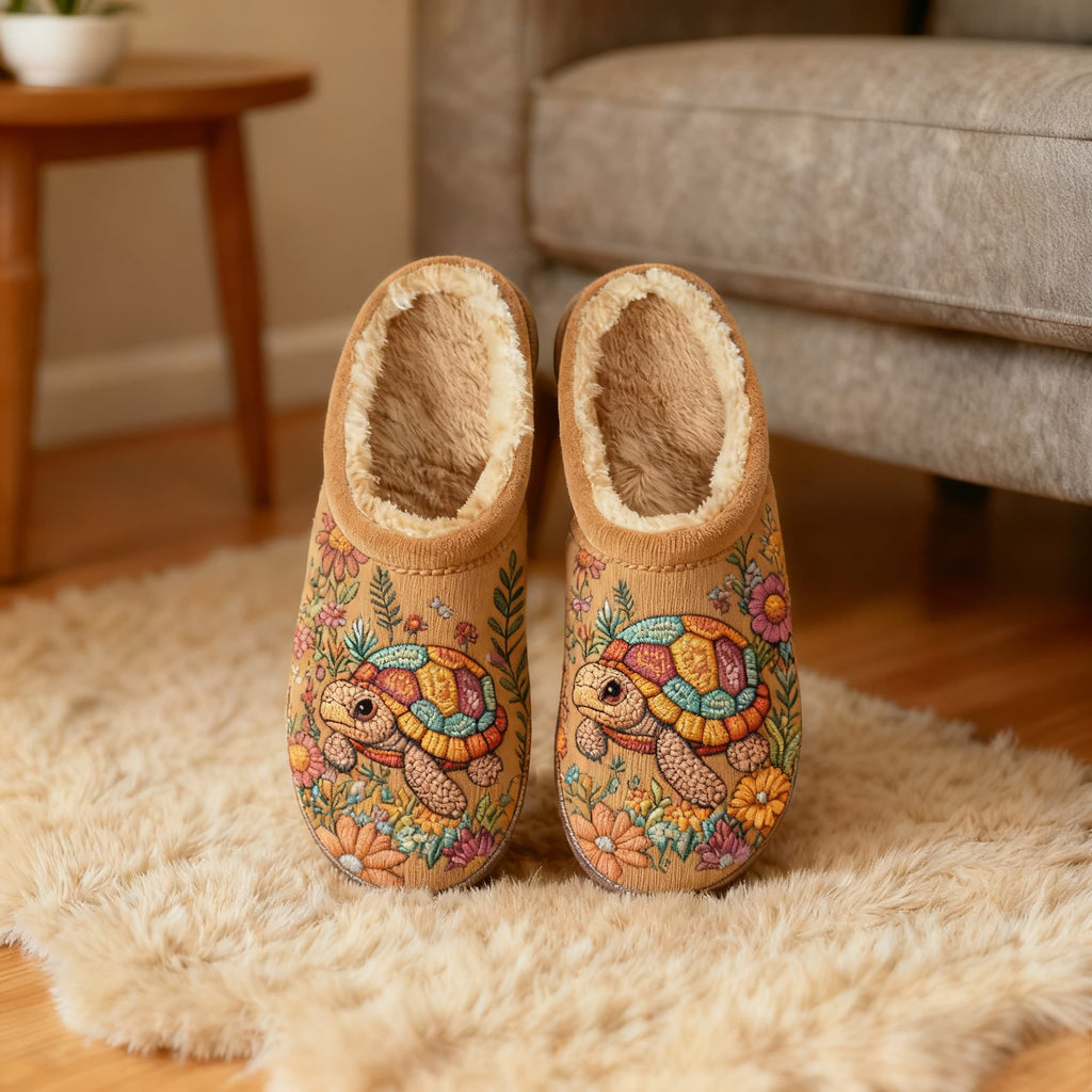 Tan Floral Colorful Turtle Embroidery Plush Printed Slippers