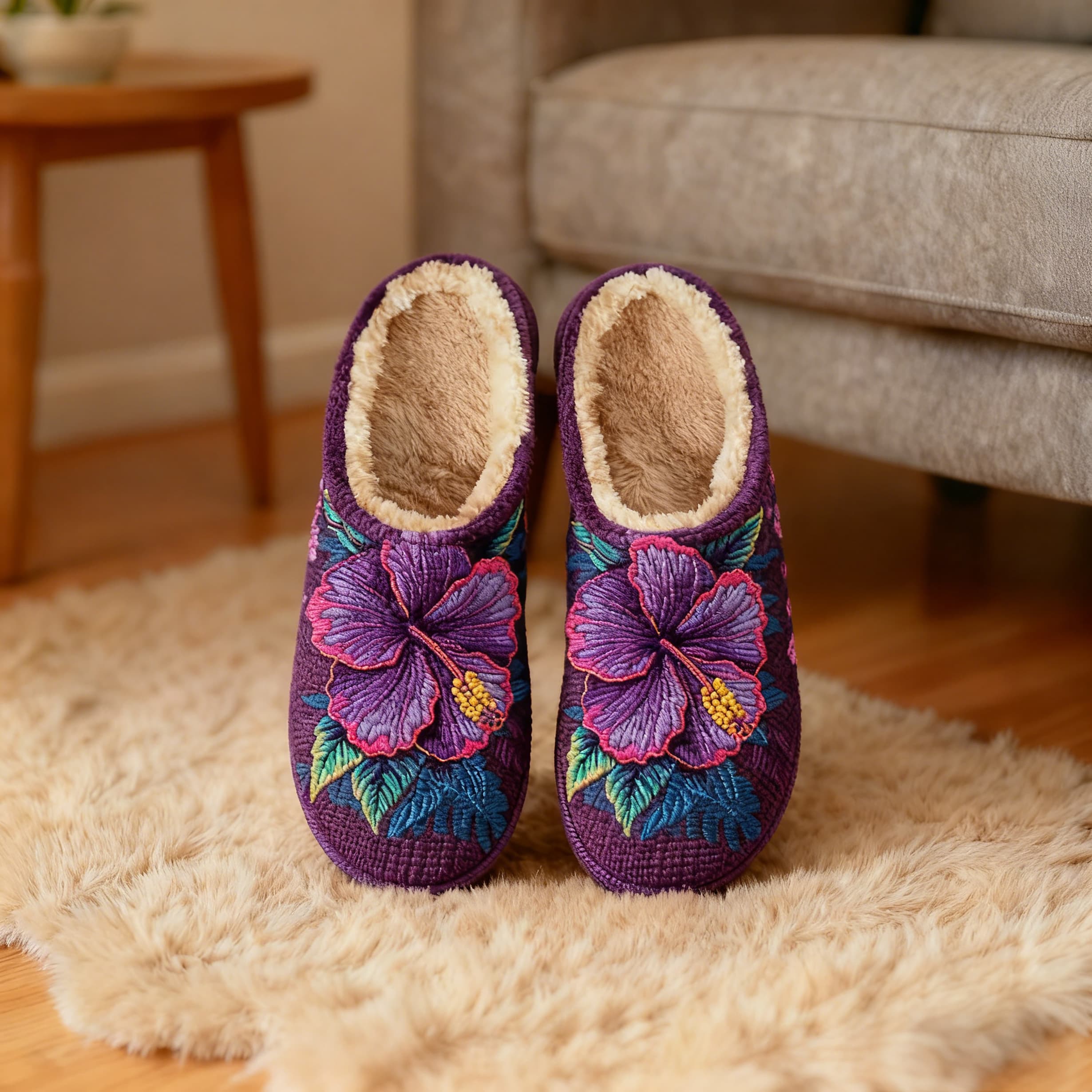 Purple Hibiscus Flower Embroidery Plush Printed Slippers