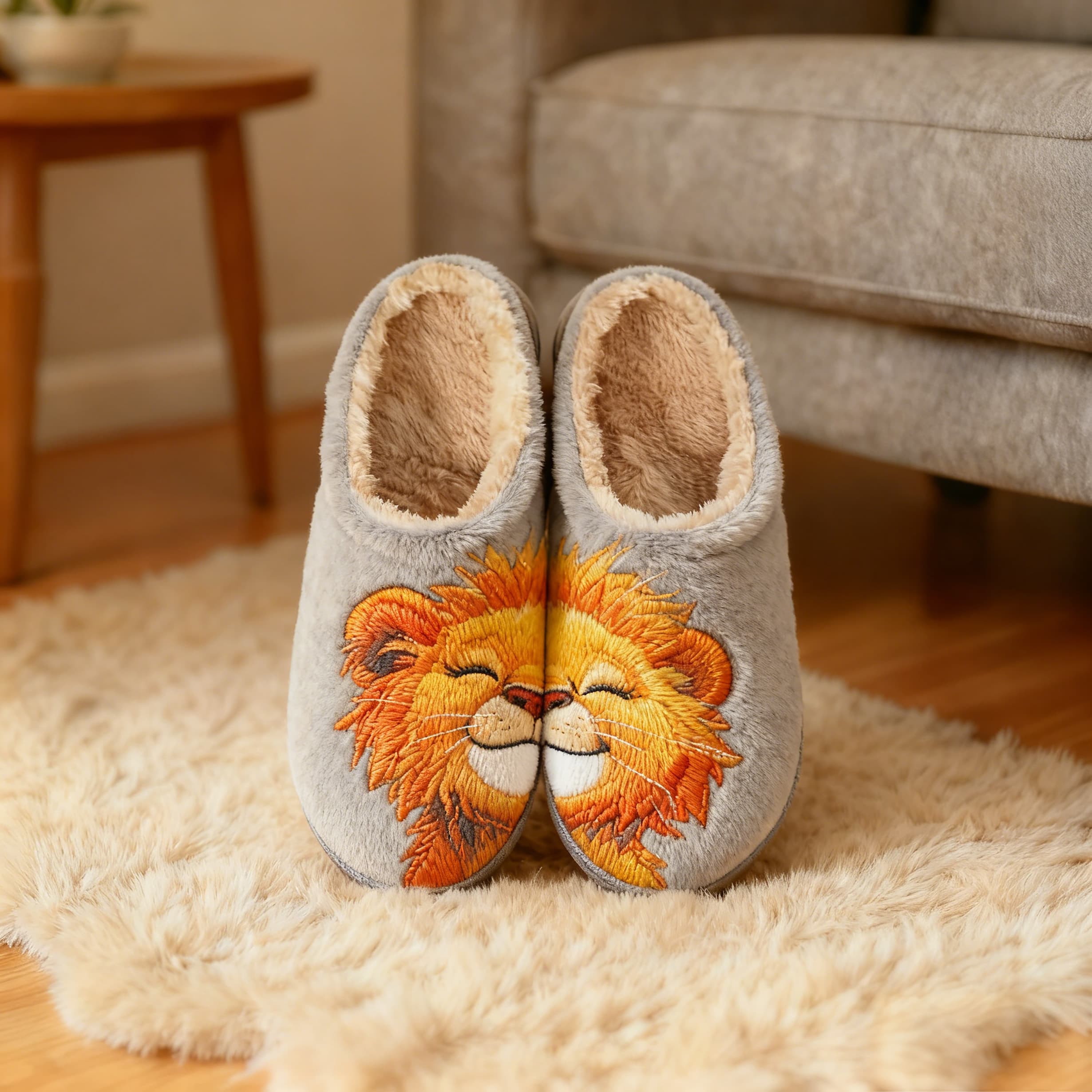 Gray Split Lion Embroidery Plush Printed Slippers