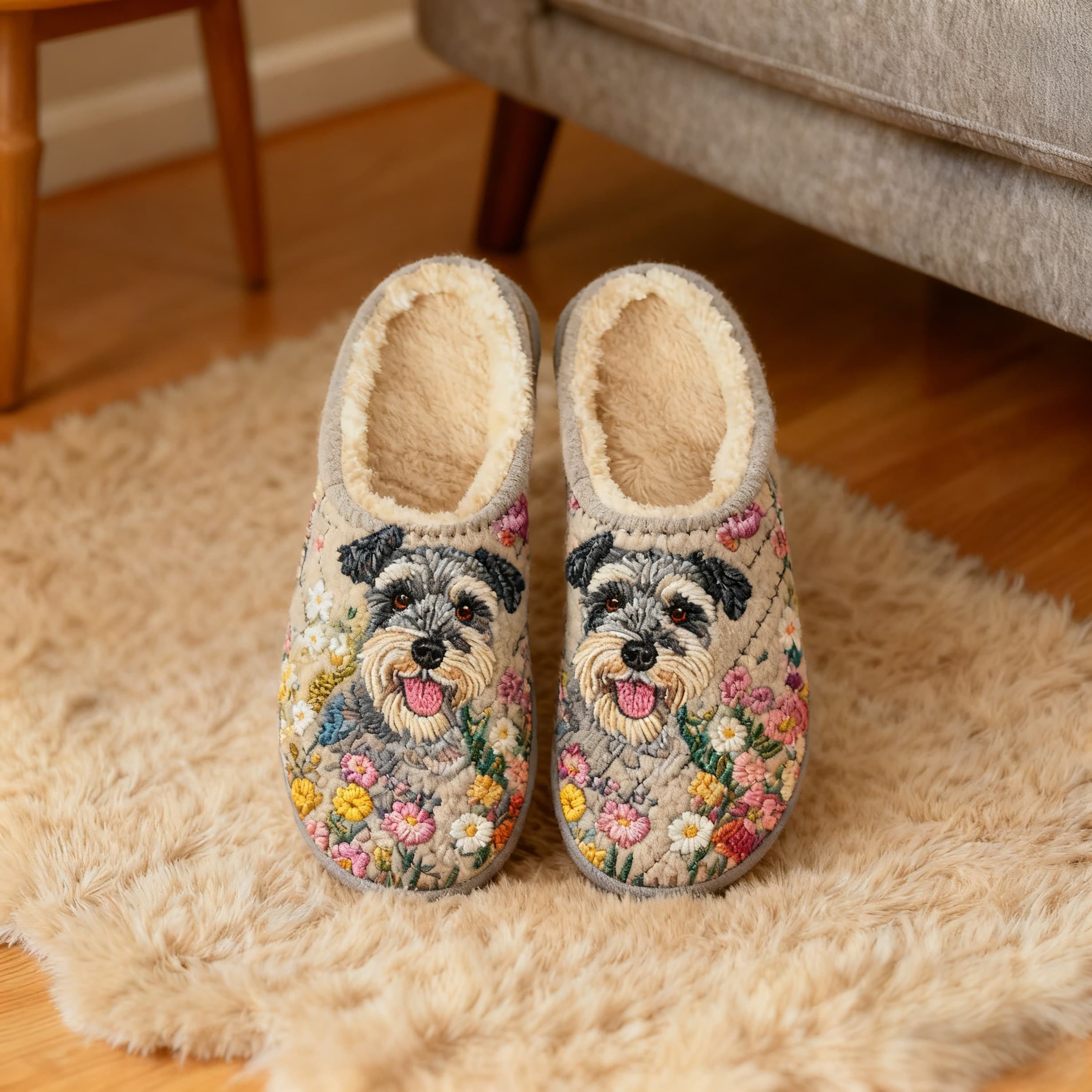 Beige Schnauzer in Floral Embroidery Plush Printed Slippers