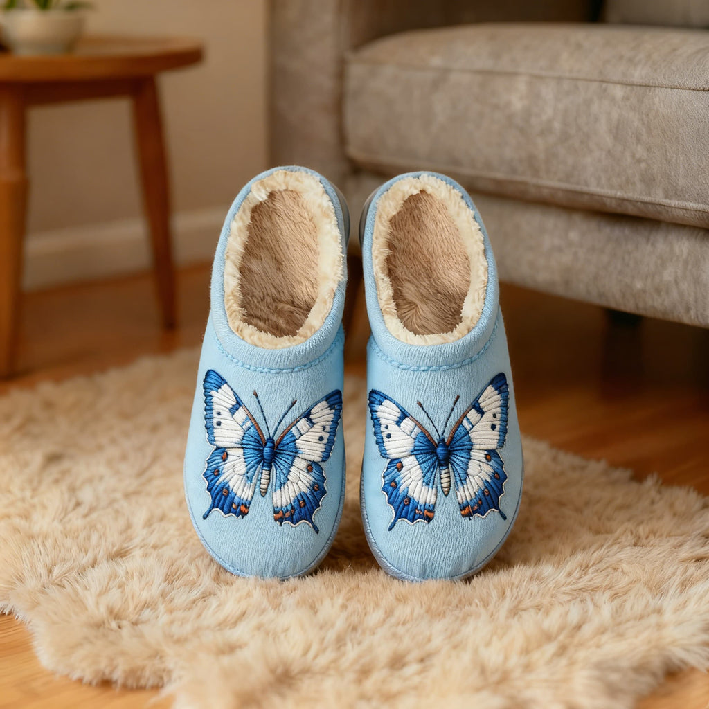 Pale Blue Butterfly Embroidery Plush Printed Slippers