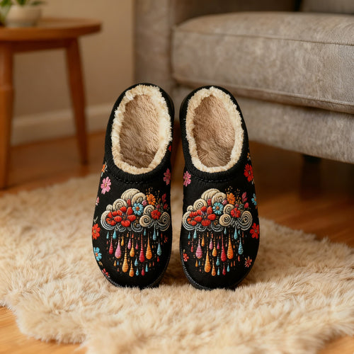 Black Floral Cloud Raindrop Embroidery Plush Printed Slippers