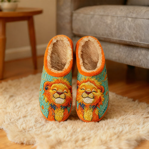 Cheerful Lion Embroidery Plush Printed Slippers