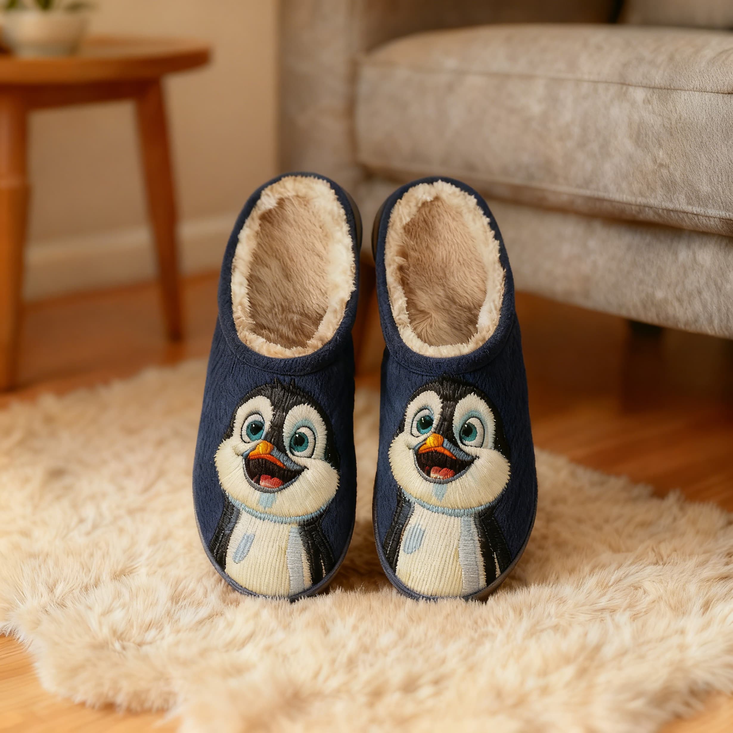 Navy Happy Penguin Embroidery Plush Printed Slippers
