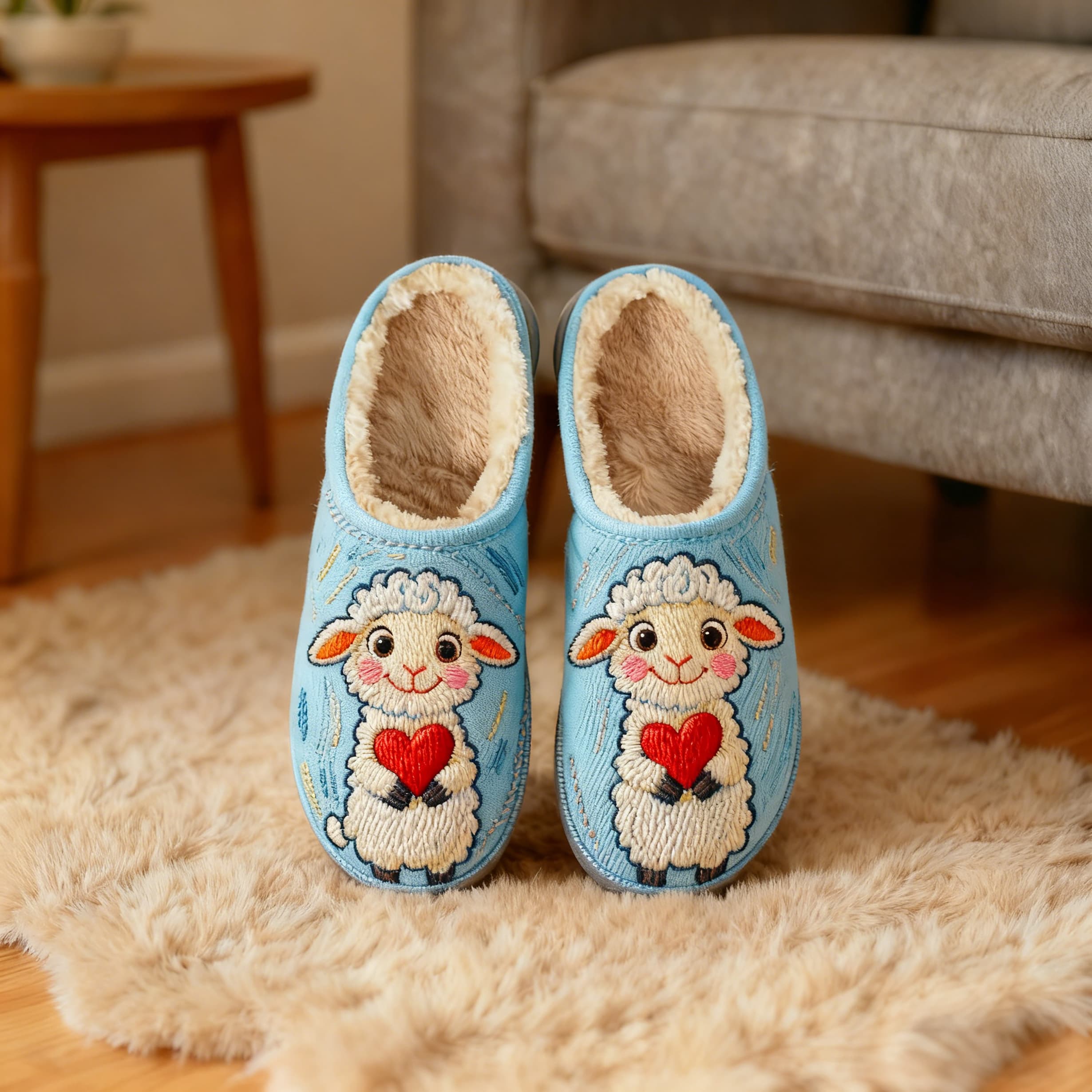 Sky Blue Lamb with Heart Embroidery Plush Printed Slippers