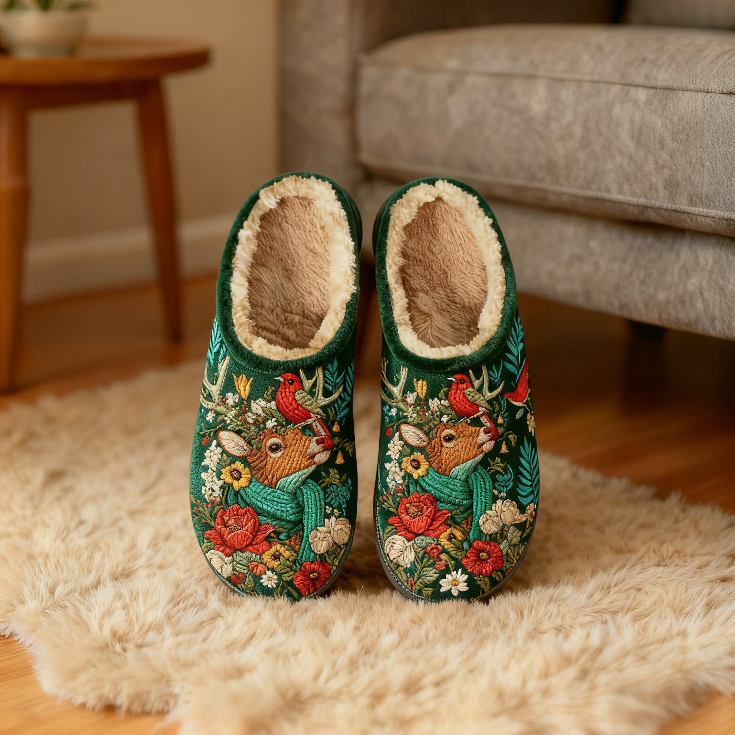 Dark Green Deer & Bird Floral Embroidery Plush Printed Slippers