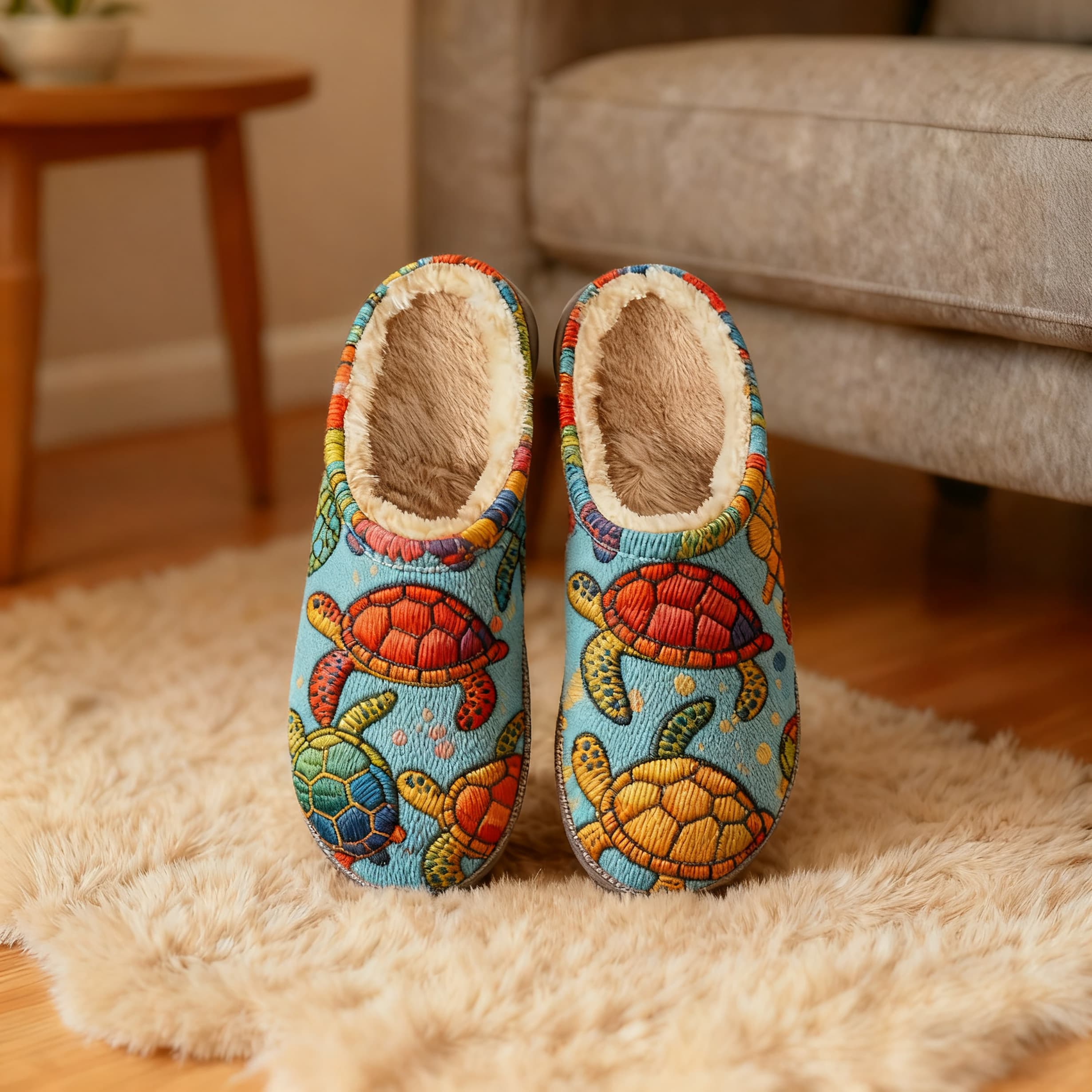 Vibrant Turtle Embroidery Plush Printed Slippers