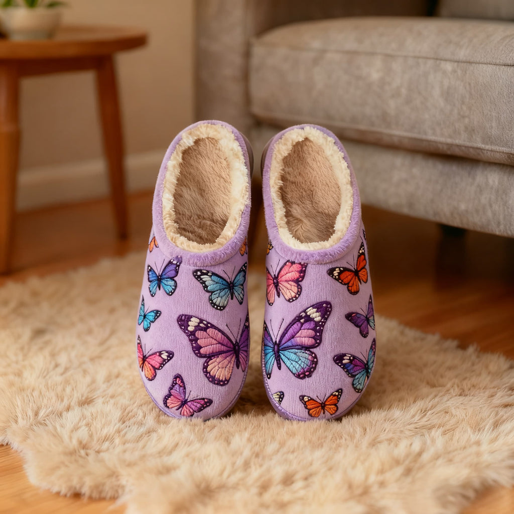Lavender Colorful Butterfly Embroidery Plush Printed Slippers