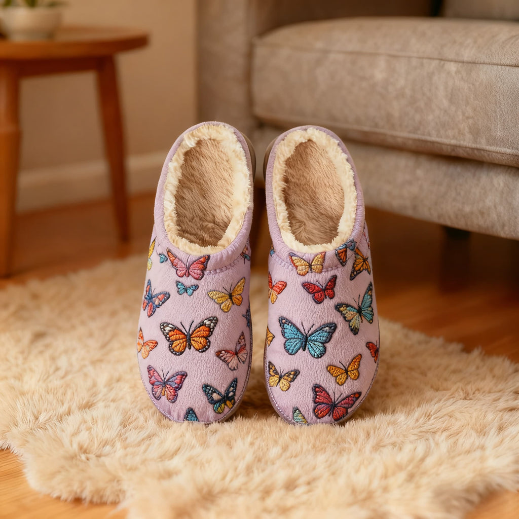 Pastel Butterfly Embroidery Plush Printed Slippers
