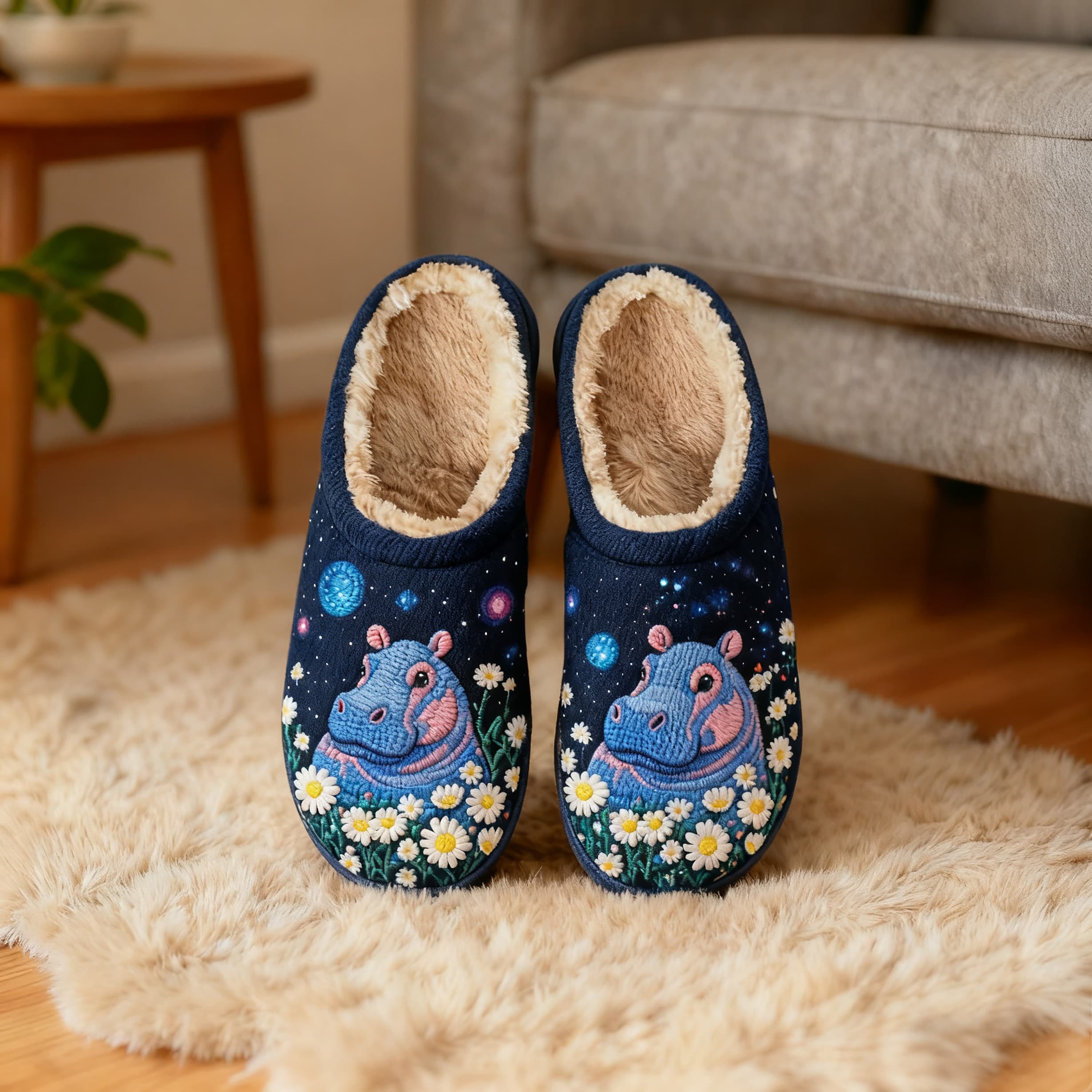 Starry Hippo Embroidery Plush Printed Slippers