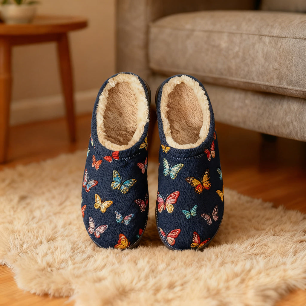 Navy Colorful Butterfly Embroidery Plush Printed Slippers