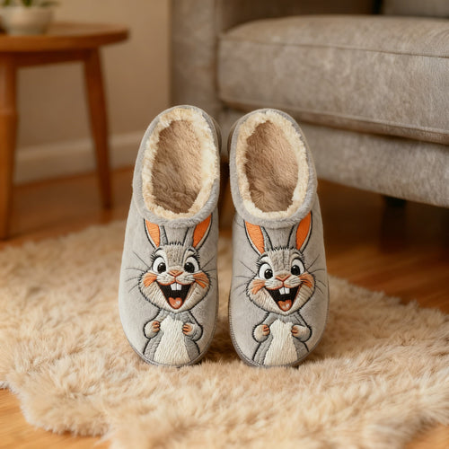 Cheerful Bunny Embroidery Plush Printed Slippers