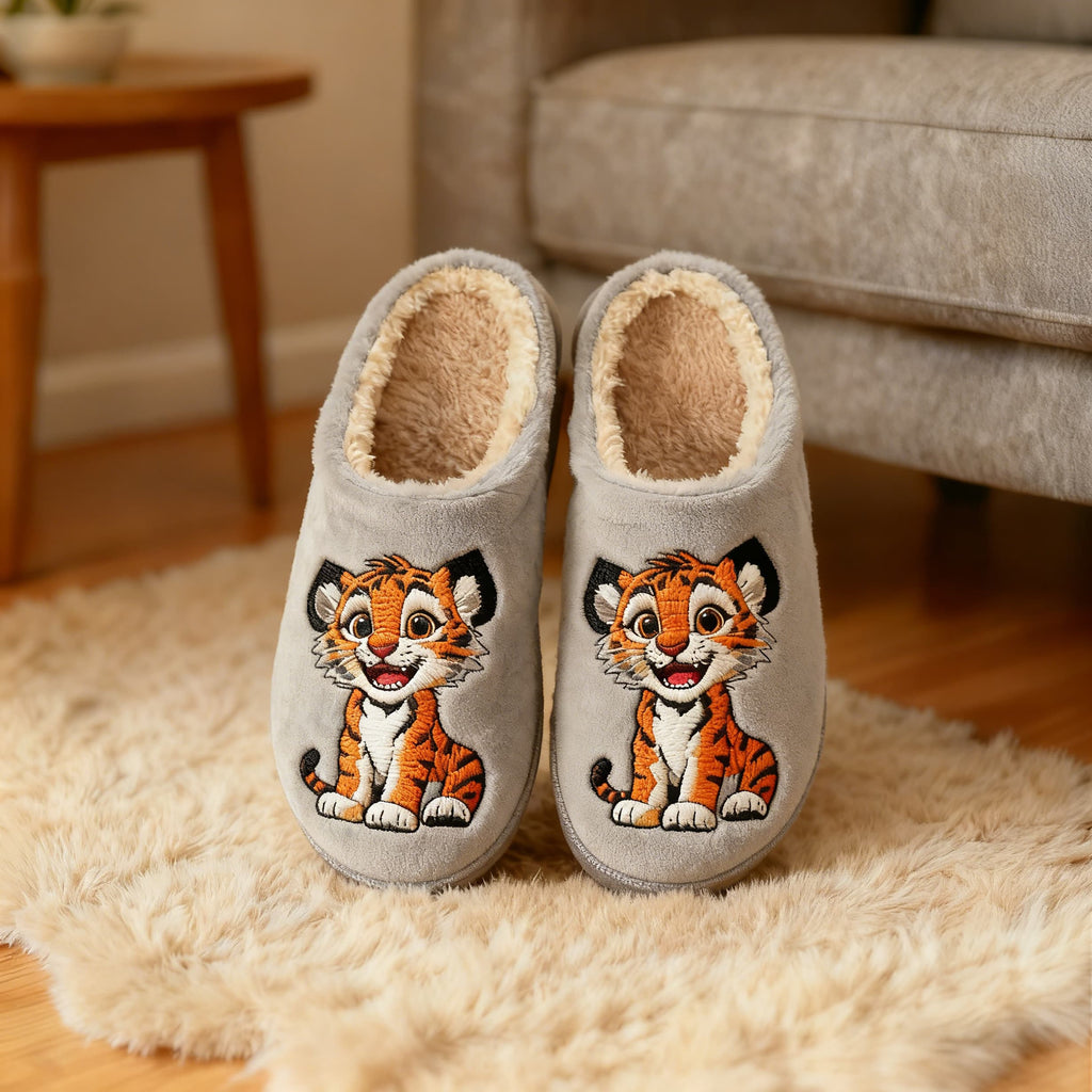 Cute Tiger Cub Embroidery Plush Printed Slippers
