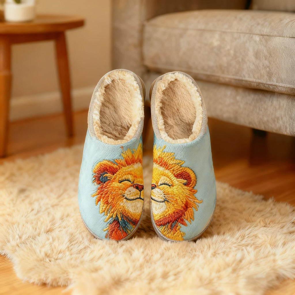 Light Blue Smiling Lion Embroidery Plush Printed Slippers