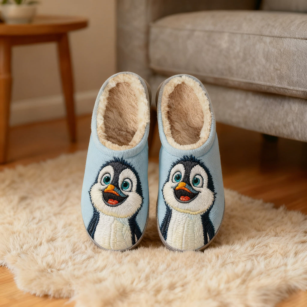 Adorable Penguin Embroidery Plush Printed Slippers