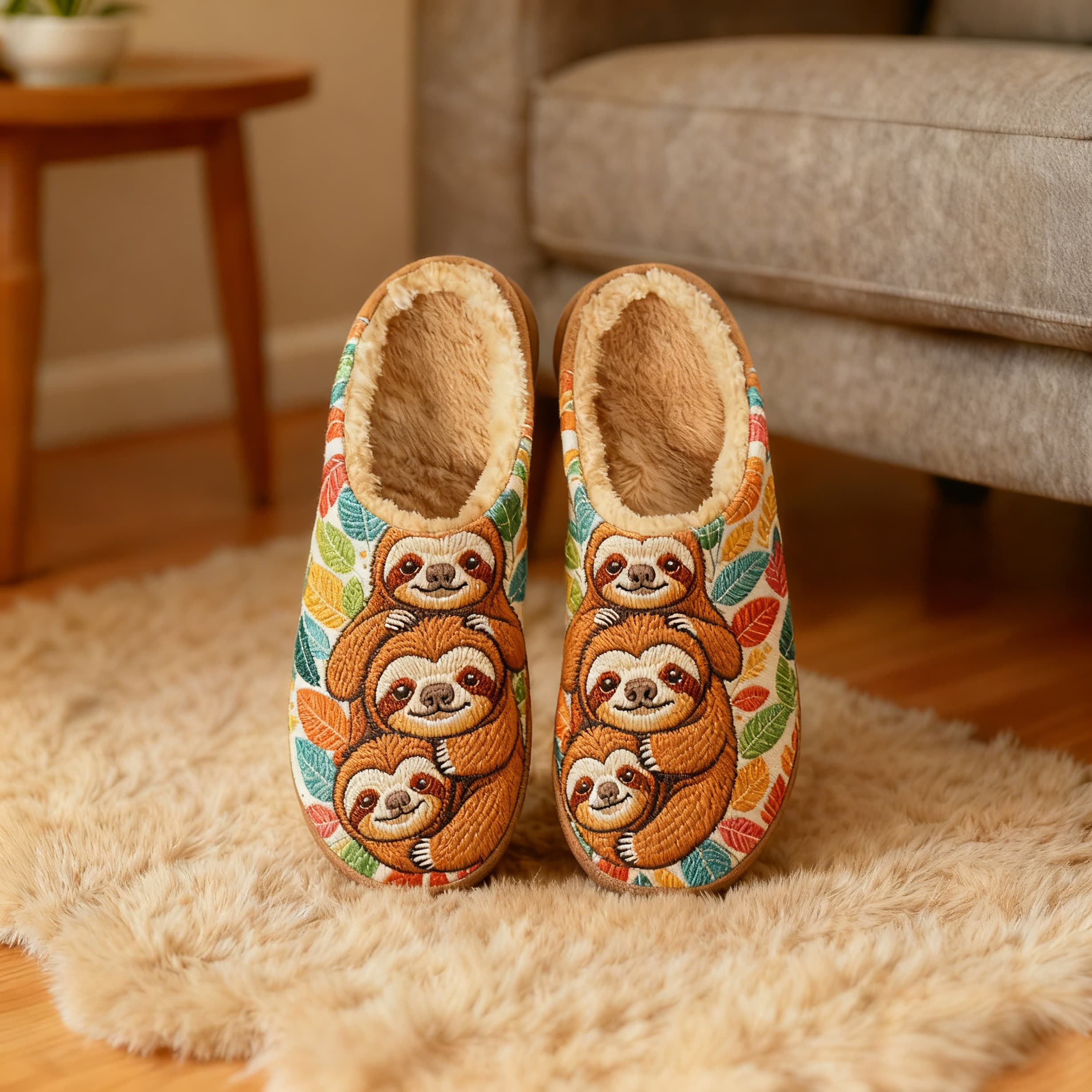 Autumn Leaf Sloth Family Embroidery Plush Printed Slippers