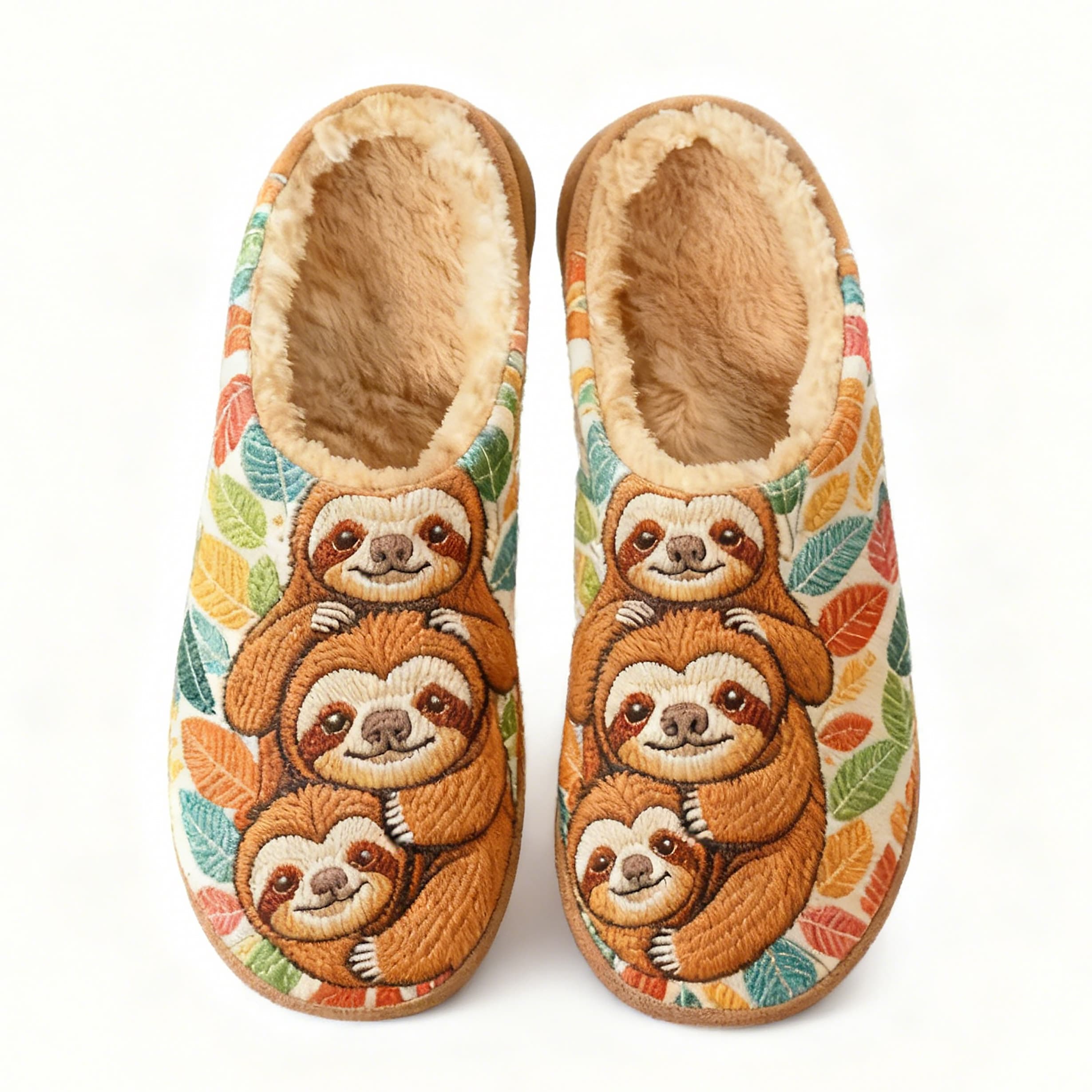 Autumn Leaf Sloth Family Embroidery Plush Printed Slippers