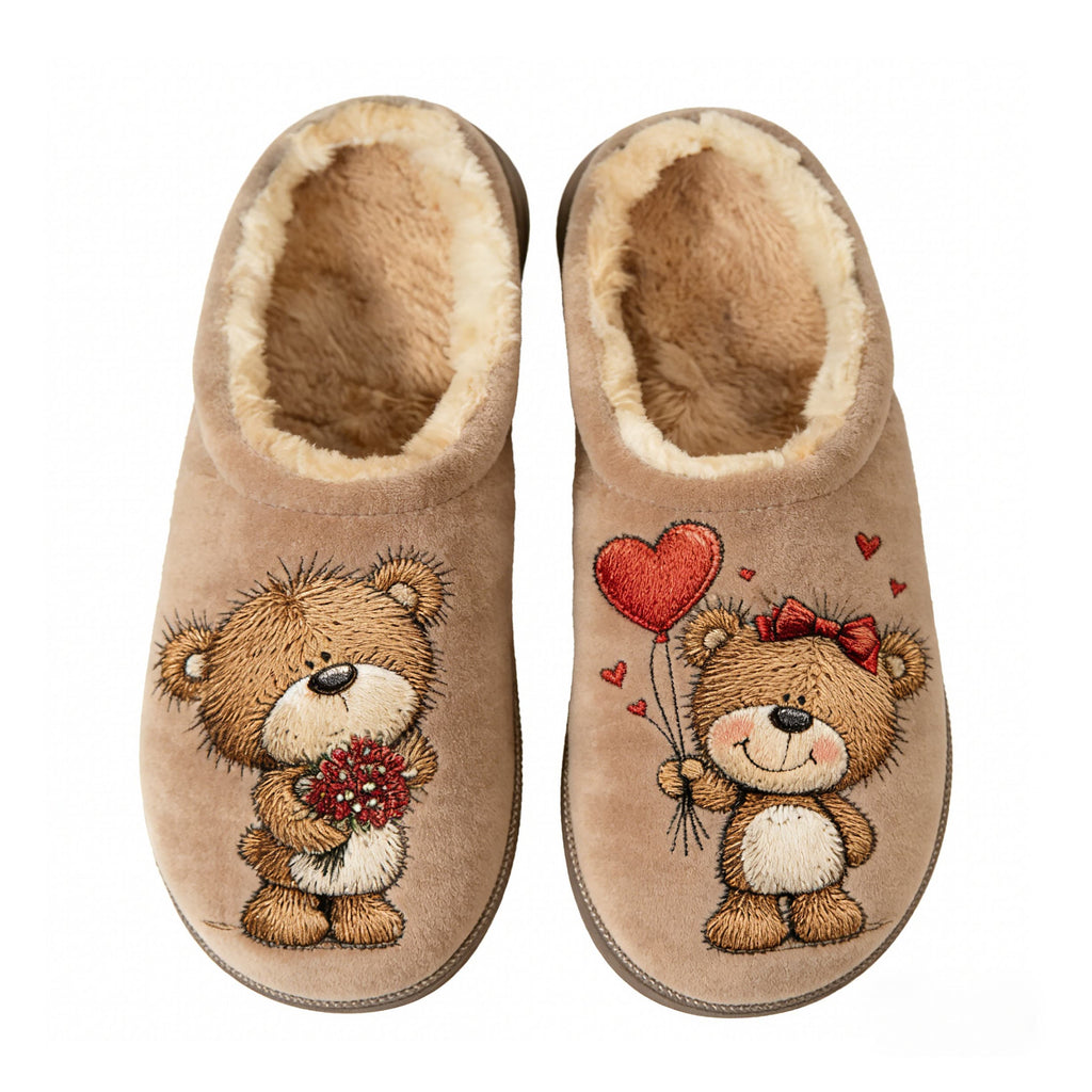 Beige Teddy Bear Couple Embroidery Plush Printed Slippers