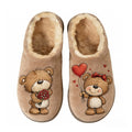Beige Teddy Bear Couple Embroidery Plush Printed Slippers