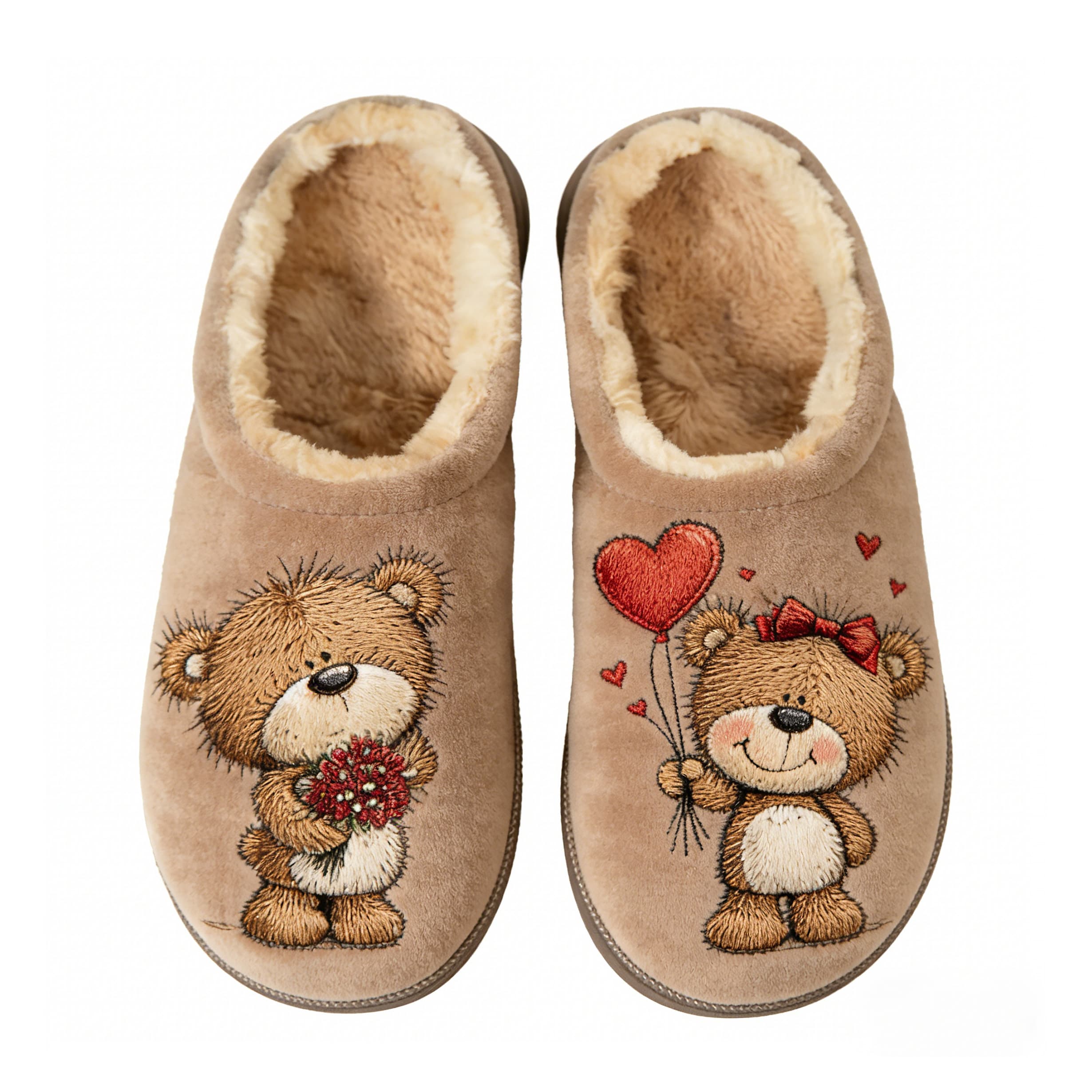 Beige Teddy Bear Couple Embroidery Plush Printed Slippers