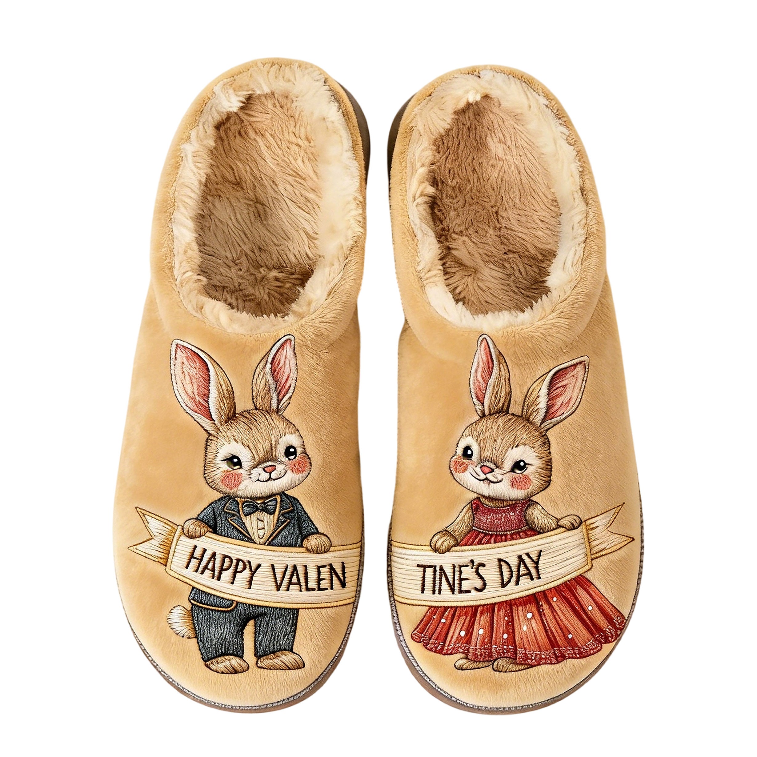 Cuddle Buddy Valentine Bunny Couple Embroidery Plush Printed Slippers