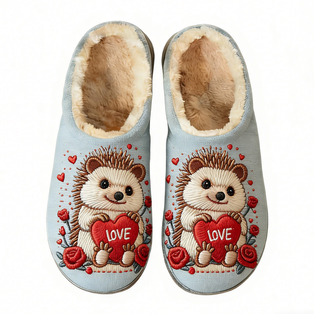 Soft Blue Hedgehog Love Heart Embroidery Plush Printed Slippers