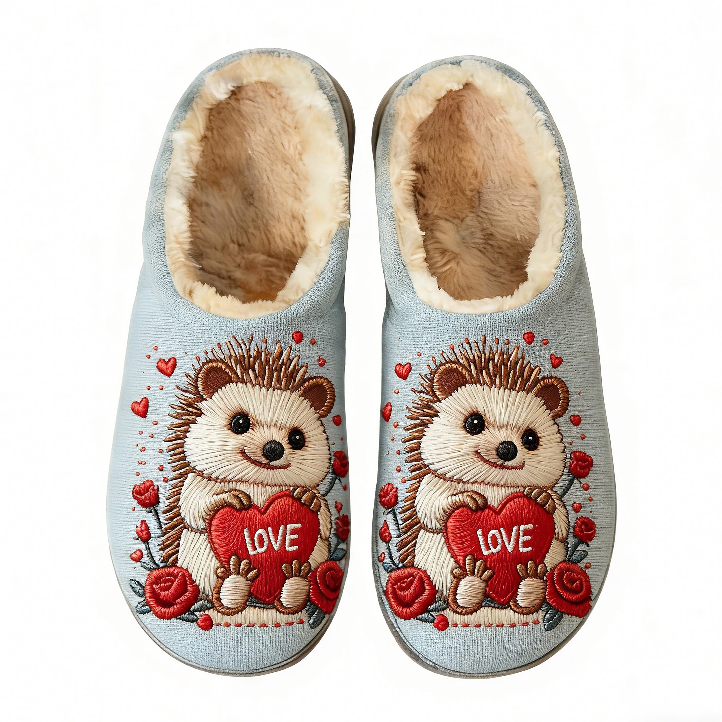 Soft Blue Hedgehog Love Heart Embroidery Plush Printed Slippers