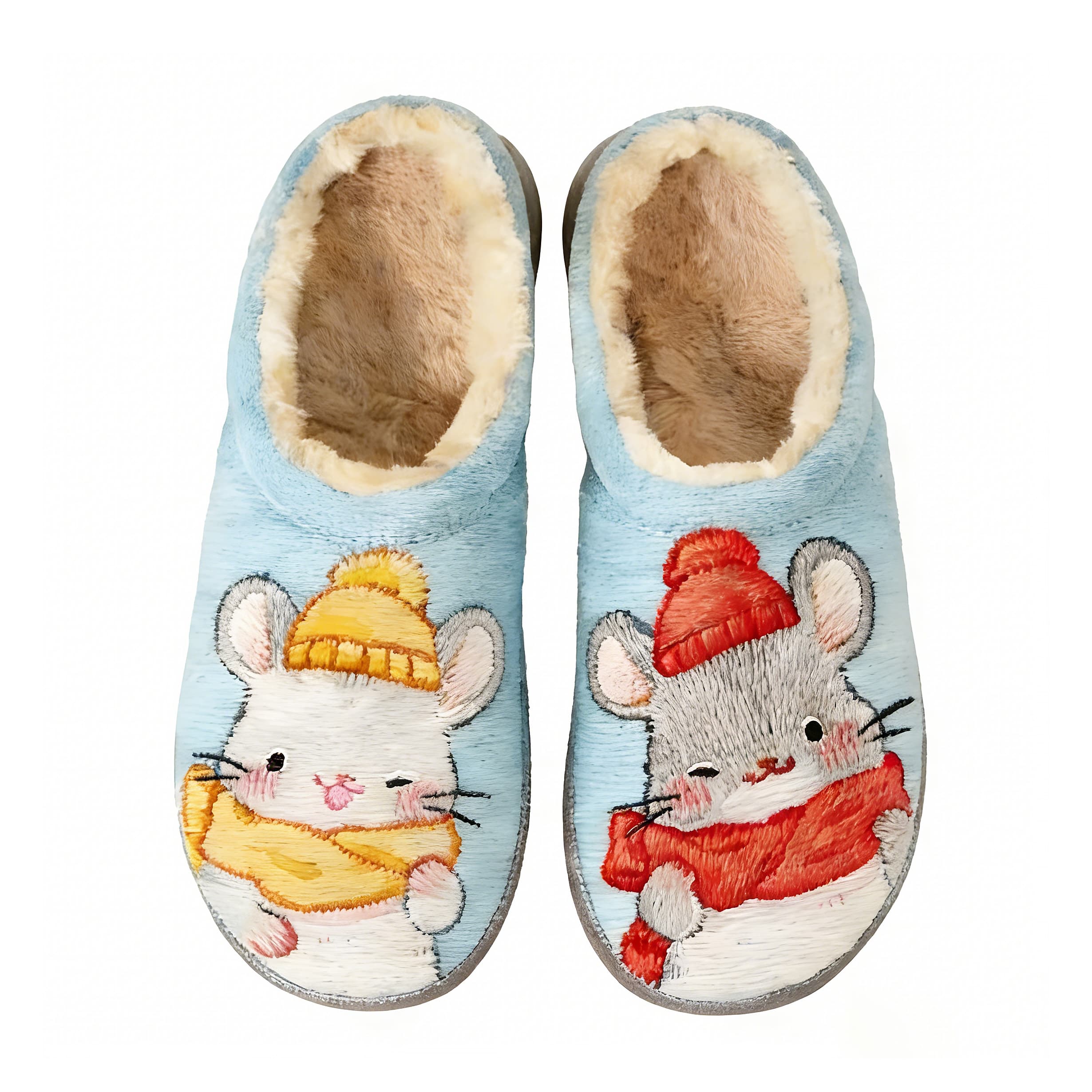 Light Blue Winter Mouse Couple Embroidery Plush Printed Slippers