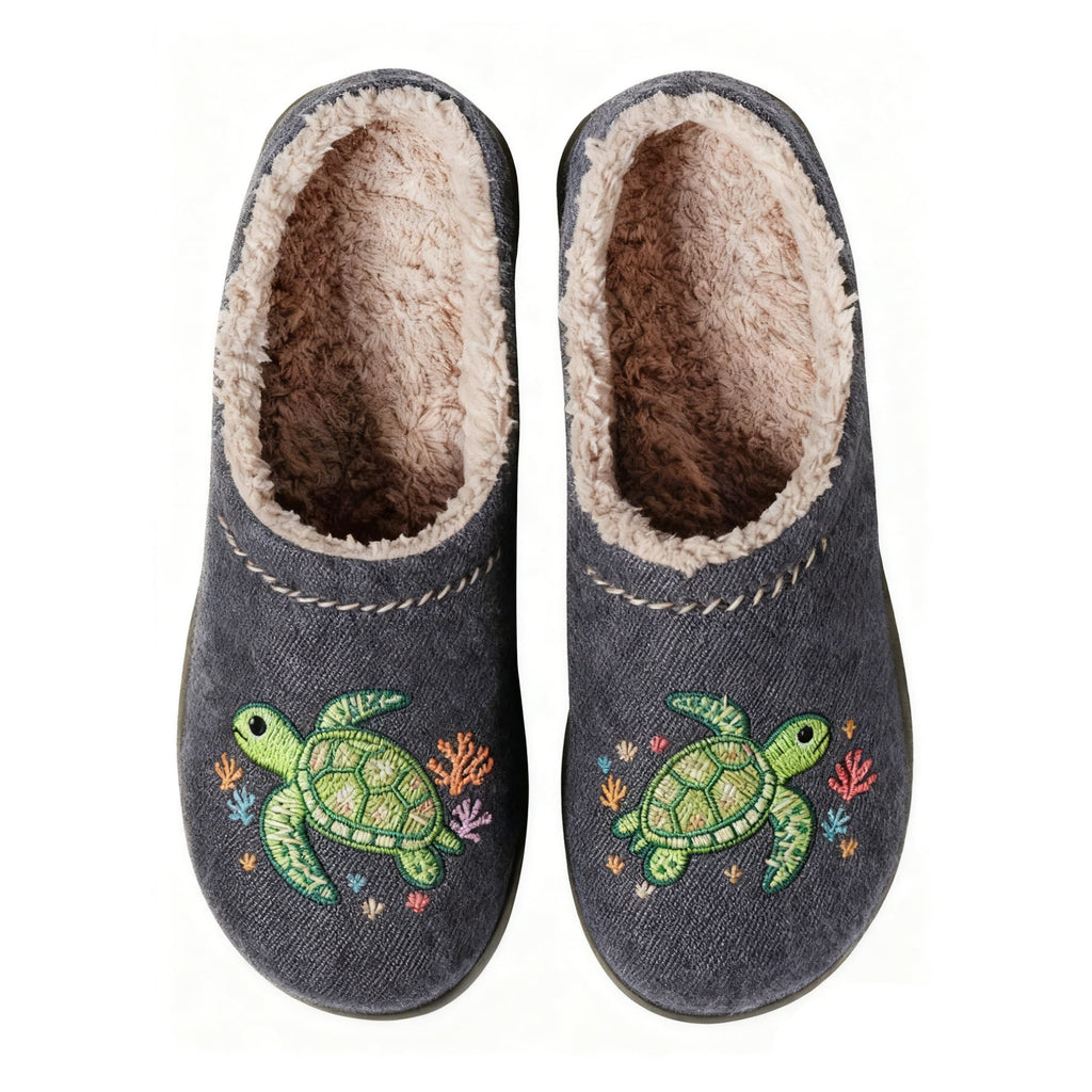 Turtle Embroidery Plush Printed Slippers